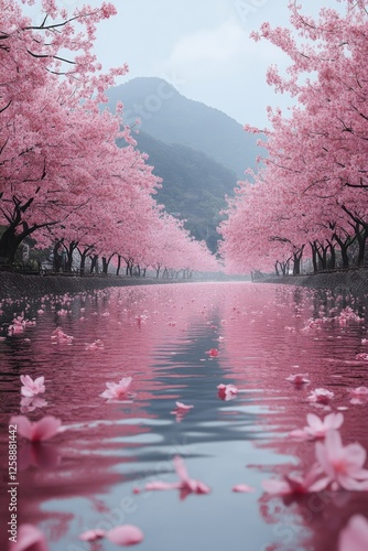 Enchanting Cherry Blossom Reflections: A Serene Landscape of Pink Petals and Tranquil Waters with Misty Mountain Backdrop in a Japanese Spring Paradise.