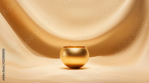 golden bowl on beige fabric background