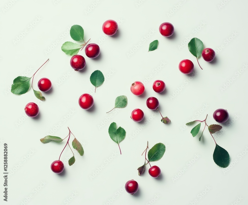 Arrangement Of Red Berries And Leaves On White Background Arrangement Of Red Berries And Leaves On White Background