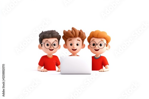 Cartoon Boys with Laptop on White Background