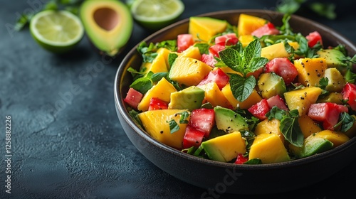 Fresh mango, avocado, and watermelon salad with lime on a dark surface