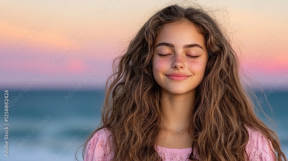 Serene young woman smiling at the beach seaside portrait golden hour tranquil environment natural beauty Serene young woman smiling at the beach seaside portrait golden hour tranquil environment natural beauty