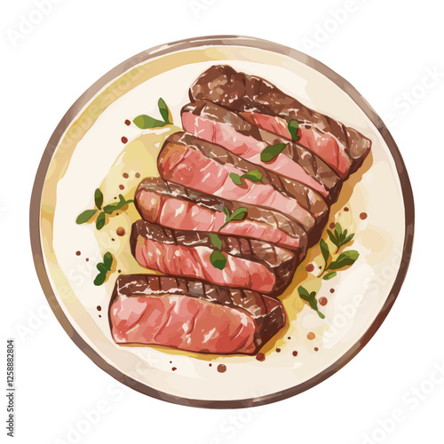 Porterhouse grilled steak on plate illustration watercolor food vector
