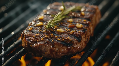Grilled steak with herbs cooking on charcoal grill during evening barbecue