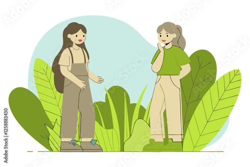 Illustration of two young women standing and talking in nature surrounded by plants