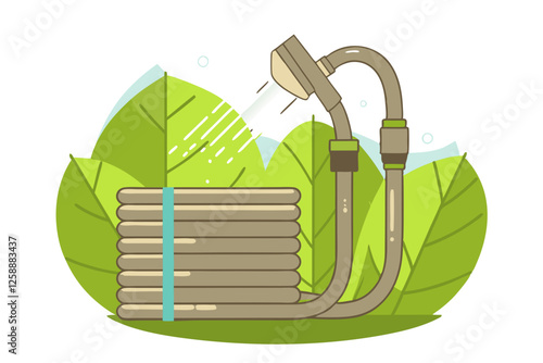 Illustration of a coiled garden hose with a spray nozzle near green leaves