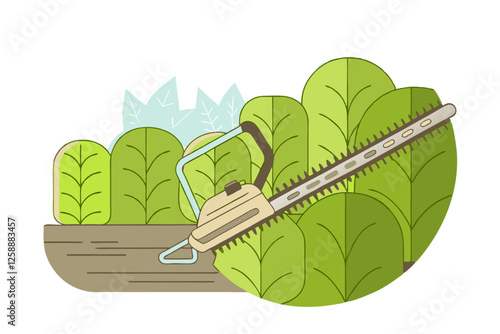 Illustration of a garden hedge trimmer on a wooden surface with green leaves in the background