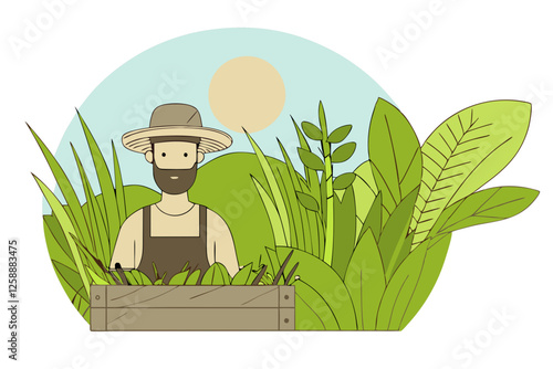 Illustration of a male farmer in a hat holding a wooden crate with fresh produce