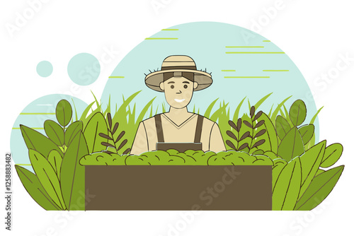 Illustration of a farmer standing behind a wooden crate filled with fresh green plants