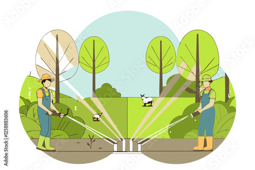 Illustration of a tree irrigation system in a sustainable green farm