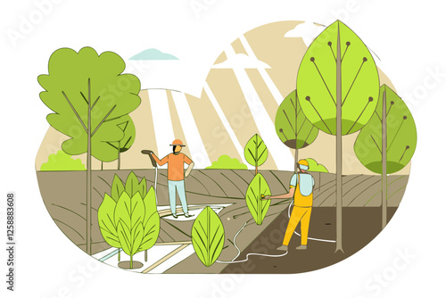 Illustration of two workers inspecting tree growth on a sustainable farm