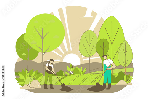 Illustration of workers planting trees at sunrise in an environmental project