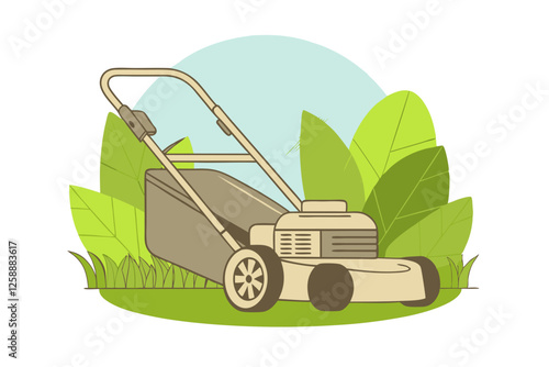Illustration of a push lawn mower in a lush green garden