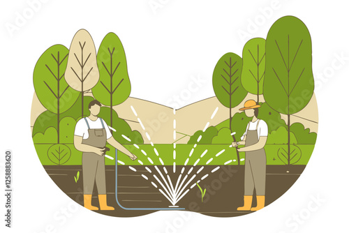 Illustration of two workers using a sprinkler irrigation system in a green field