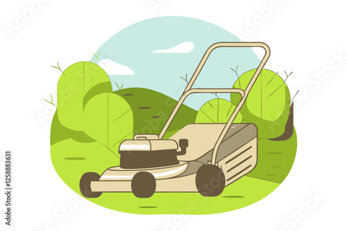 Illustration of a modern lawn mower in a green backyard with trees