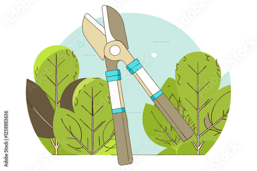 Illustration of gardening pruning shears with green leaves in the background