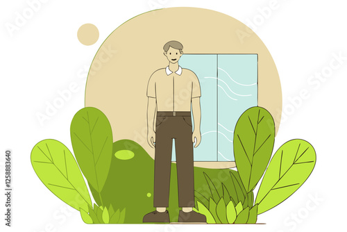 Illustration of a young man standing in an eco-friendly garden with plants