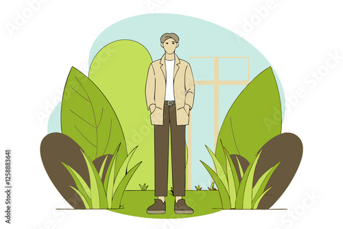 Illustration of a man in a green environment with tall plants in the background