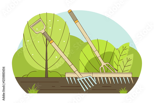 Illustration of a rake and a hoe crossed in a garden setting