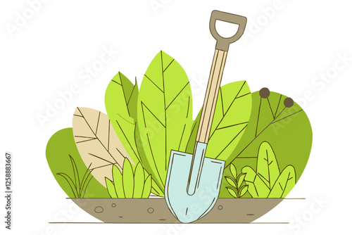 Illustration of a gardening shovel stuck in the soil with green plants around