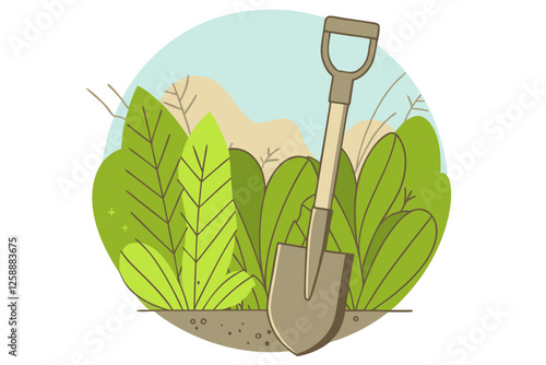 Illustration of a gardening shovel stuck in the soil with green plants around
