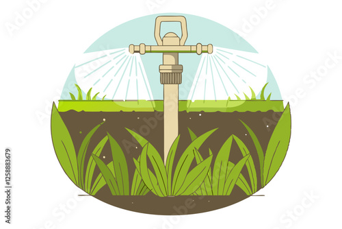 Illustration of a rotating garden sprinkler watering lush green plants