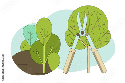 Illustration of garden shears with a blue handle on a wooden surface