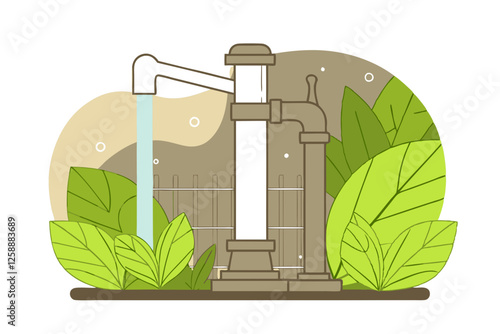 Illustration of a traditional hand pump well with running water in a natural setting