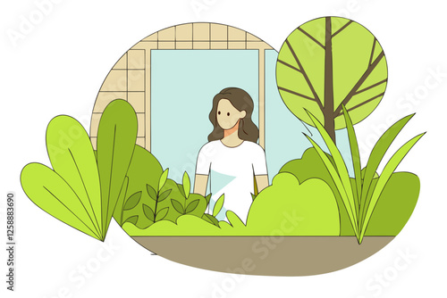 Illustration of a young woman standing in a green garden near a modern house