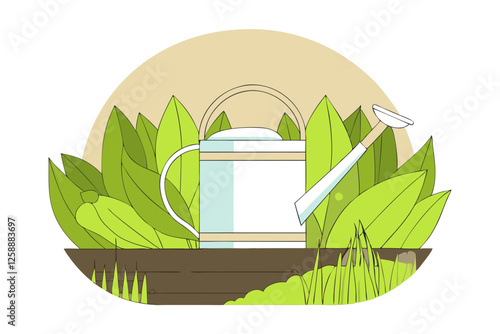 Illustration of a watering can with a glass container in a green garden