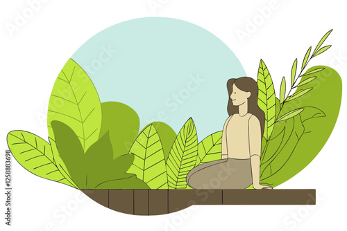 Illustration of a young woman sitting on a wooden deck surrounded by plants
