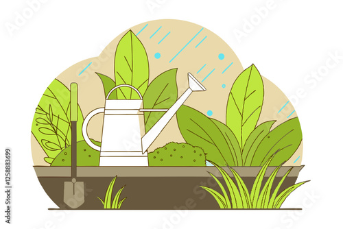 Illustration of a watering can placed on a wooden surface surrounded by green plants