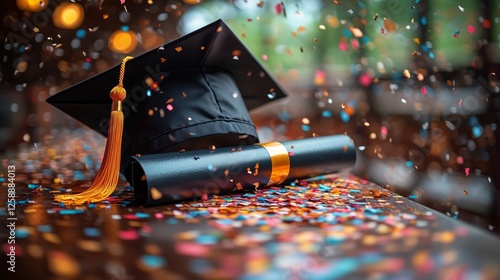 Celebrating graduation with cap, diploma, and colorful confetti in a festive ...