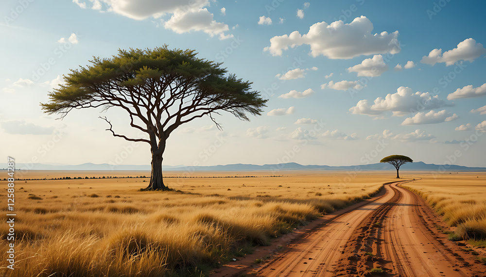 Naklejka premium Scenic Dirt Road & Acacia Trees Under Blue Sky