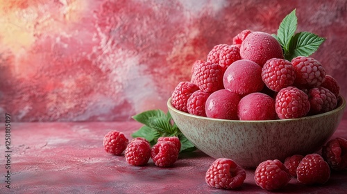 Fresh raspberries in a bowl surrounded by vibrant colors and textures on a de...