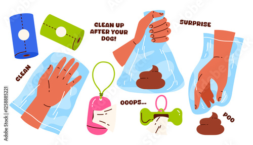 Clean up after your dog concept. Pet poop bags for waste and cleaning up after animals. Flat vector illustration in cartoon style. Isolated white background
