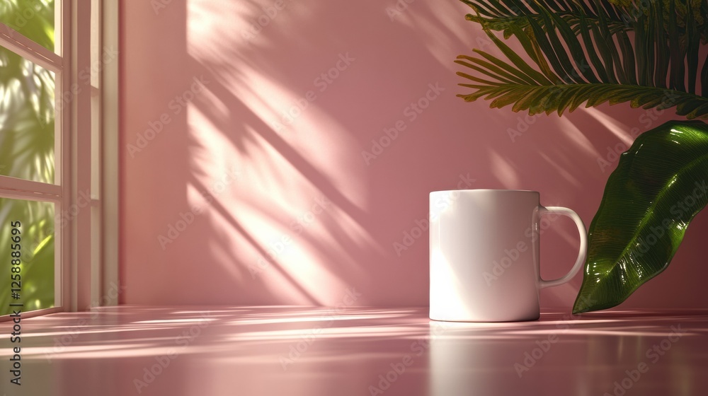 A highly detailed mockup of a white coffee cup on a bright, colorful background with leaves shadows A highly detailed mockup of a white coffee cup on a bright, colorful background with leaves shadows