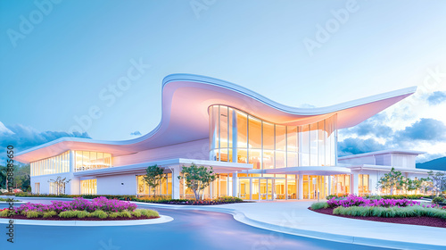 Modern building twilight entrance landscaping