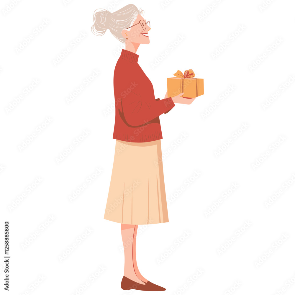 Senior woman holding gift box skirt illustration background vector Senior woman holding gift box skirt illustration background vector