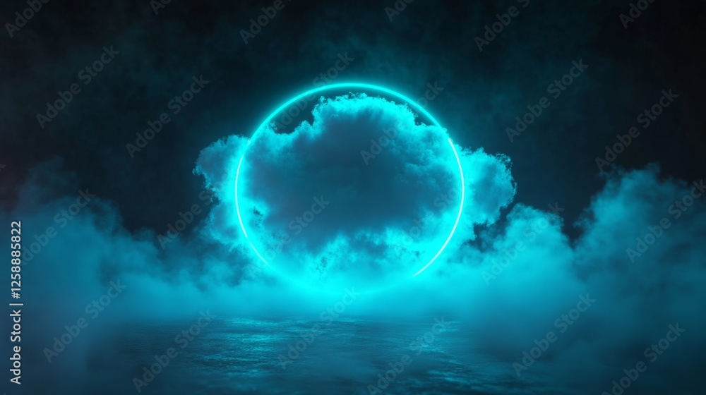 Bright cloud with a vivid cyan neon ring, surrounded by faint fog generative ai Bright cloud with a vivid cyan neon ring, surrounded by faint fog generative ai