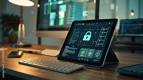 Modern cybersecurity workspace featuring a tablet displaying a lock symbol and security interface with soft lighting, high-tech design, and a focus on data protection and technology innovation.