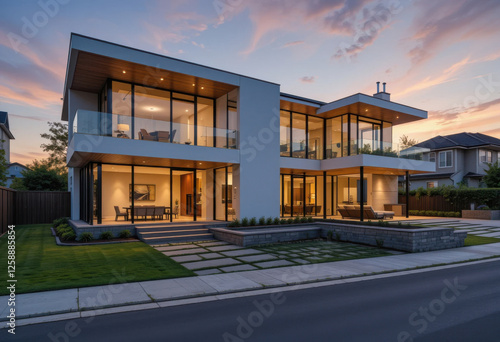 Casa contempor  nea y elegante con l  neas geom  tricas limpias  amplias paredes de vidrio y una c  lida iluminaci  n ambiental  ubicada en un tranquilo vecindario suburbano durante la puesta de sol 