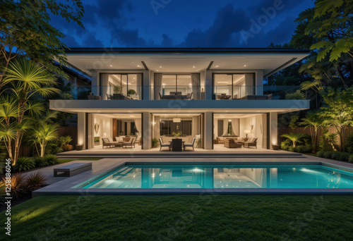 Casa de lujo de dos pisos con un diseño cúbico moderno, rodeada por un tranquilo jardín con iluminación decorativa y grandes puertas de vidrio que se abren a un elegante patio
 photo