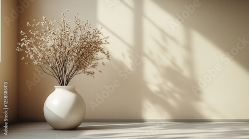 Decorative vase with dried flowers in minimalistic interior space during afte...