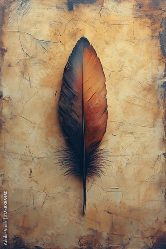 Detailed brown feather on textured parchment background with natural shades a...