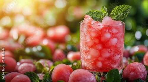 Refreshing watermelon drink served in a glass surrounded by fresh fruit and m...
