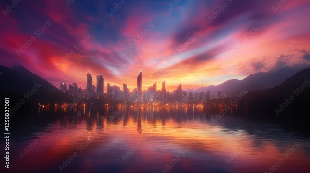 Naklejka premium Stunning sunset over urban skyline city waterfront landscape calm atmosphere wide angle view nature beauty