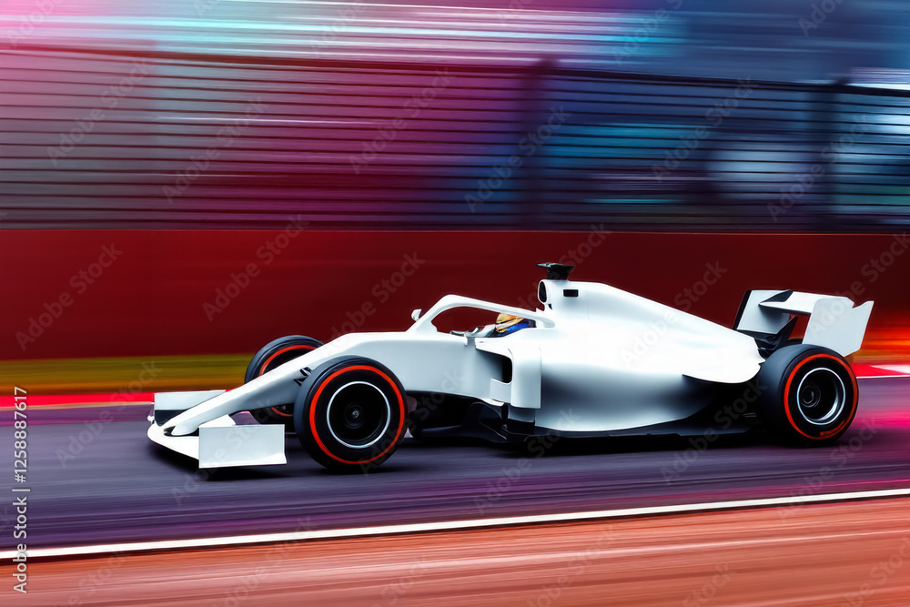 modern white formula 1 racing car on track with blurred neon background, extreme close-up, side view modern white formula 1 racing car on track with blurred neon background, extreme close-up, side view