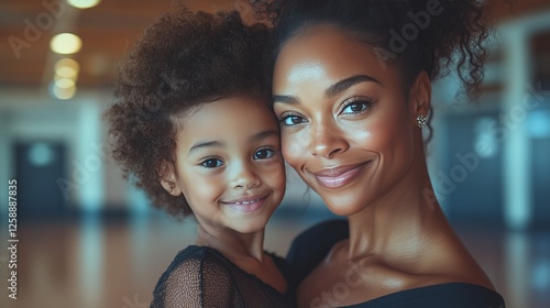 Smiling mother and daughter bonding during dance class in a bright studio