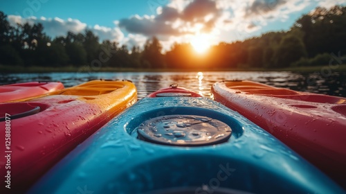 Sunset reflections on colorful kayaks in a serene lake landscape